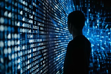silhouette of a programmer standing in front of a large screen with binary code data flowing, repres