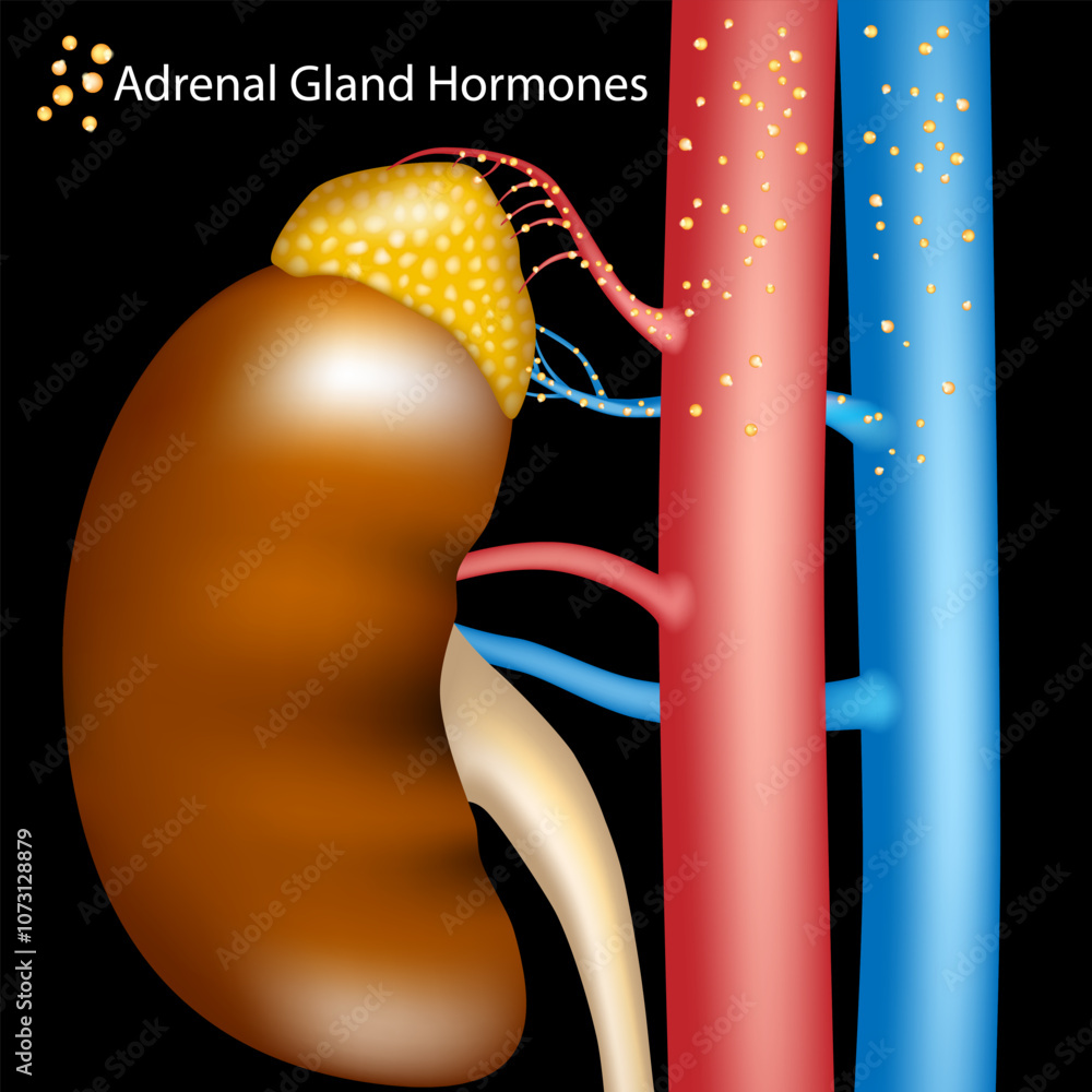 Adrenal Gland Hormones floating in blood vessels. The process of ...