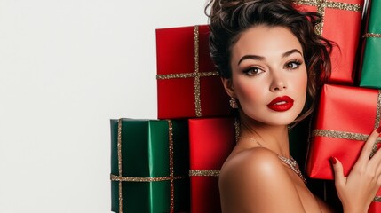 Wall Mural - A woman is holding a stack of presents and is wearing red lipstick