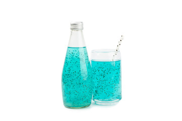 Wall Mural - Diet detox cocktail with basil and chia seeds in glass jar and glass isolated on white background. Drink with seeds. Health food. Detox cocktail. Antioxidant. Water with basil.