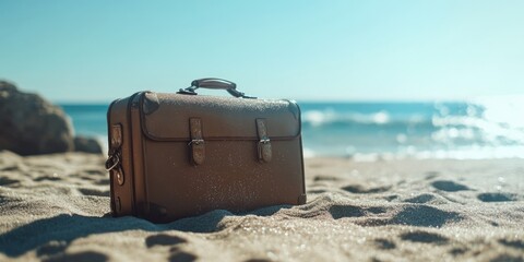 Canvas Print - Brown Suitcase on Sandy Beach