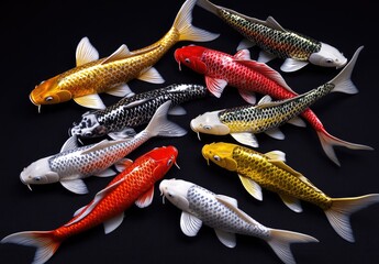 Wall Mural - A group of colorful koi fish in the water, some with black and white stripes on their bodies, others golden or red