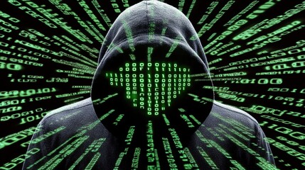 Wall Mural - mysterious figure in a hooded sweatshirt surrounded by green binary code representing cyber security