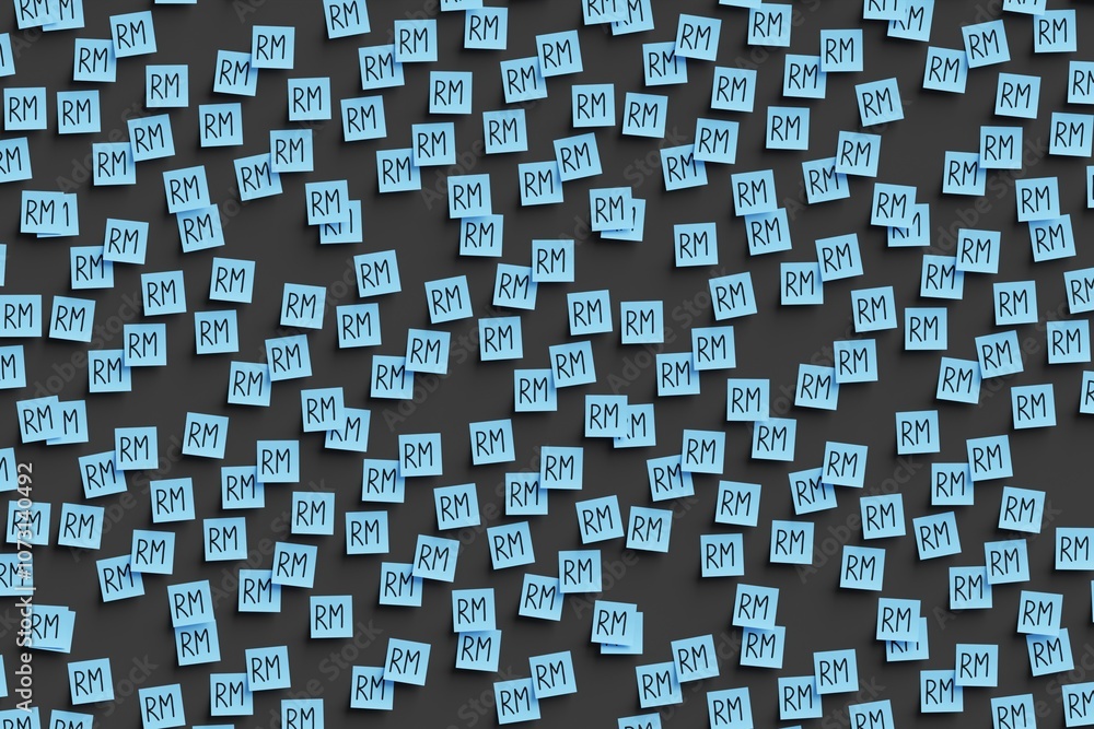 Ringgit Banknote Sticker Many blue stickers on black board background with symbol of Malaysia ...