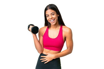 Wall Mural - Young African American woman sport woman making weightlifting over isolated chroma key background smiling a lot