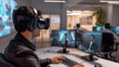 © silvia - Office Workspace with a Male Person Wearing VR Headset and Using Interactive Augmented Reality