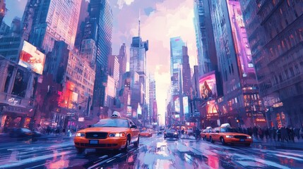 Wall Mural - A vibrant cityscape with tall buildings, a street with cars, and a purple sky.