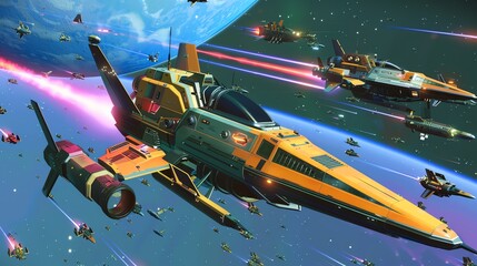 Wall Mural - a fleet of spaceships traveling through space.