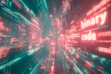 Wall Mural - digital tunnel with binary code, symbolizing data flow and virtual space