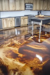 Wall Mural - Modern Kitchen Interior with Luxurious Metallic Epoxy Resin Floor, Contemporary Home Design