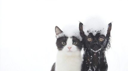 Dog and cat with shampoo bubbles on their heads, isolated on white, ideal for pet care and grooming