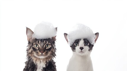 Dog and cat with shampoo bubbles on their heads, isolated on white, ideal for pet care and grooming