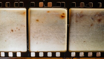 Wall Mural - Close-Up of Vintage 35mm Film Strip with Faded, Burnt, and Scratched Frames. Perfect for Visuals of Nostalgia, Film Decay, Cinematic History, and Textured Analog Photography Aesthetics