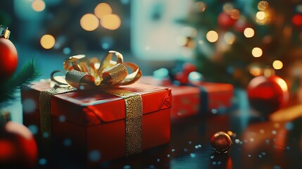 Aufkleber - Festive Christmas Presents with Golden Ribbons Beneath a Twinkling Holiday Tree : Generative AI