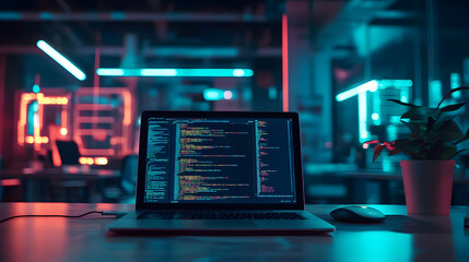 software codes display on screen of a laptop on the table in modern office, web development software engineering cybersecurity
