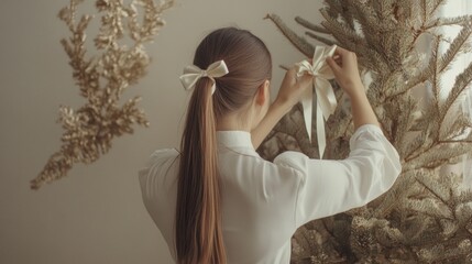 Wall Mural - A woman is decorating a Christmas tree with white bows