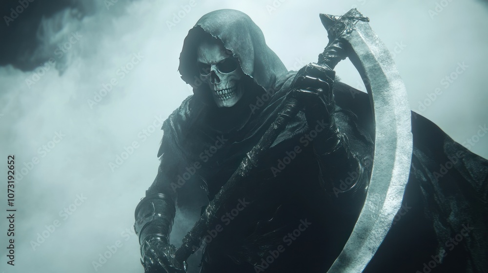 Detailed grim reaper with a large scythe, skull face partly hidden ...
