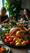 © imagineRbc - A large turkey is surrounded by a variety of vegetables and fruits on a table. The table is set for a festive meal with multiple people present. Scene is warm and inviting