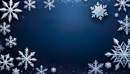 Wall Mural - Snowflakes of different sizes are creating a winter frame on a dark blue background, with sparkling glitter adding a touch of magic to the scene, perfect for christmas projects.