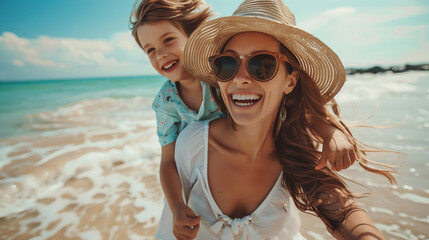 laughing together, a mother and her son enjoy a sunny day at the beach, splashing in the gentle wave