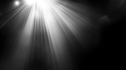 Poster - Abstract vector illustration of bright white light rays and flares on a dark black background, creating a striking contrast with glowing beams, sun flares, and radiant effects. This high-quality desig