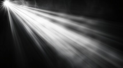 Poster - Abstract vector illustration of bright white light rays and flares on a dark black background, creating a striking contrast with glowing beams, sun flares, and radiant effects. This high-quality desig