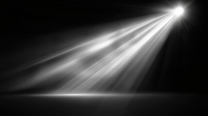 Poster - Abstract vector illustration of bright white light rays and flares on a dark black background, creating a striking contrast with glowing beams, sun flares, and radiant effects. This high-quality desig