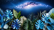 © Ascending Dragon - 宇宙の背景で輝く青い熱帯の葉が幻想的な観葉植物コレクションを構成する独自の構図。生成AI