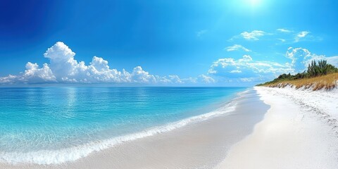 Poster - Stunning panoramic view of a serene beach showcasing pristine white sand and vibrant turquoise ocean waters under a clear blue sky with fluffy clouds