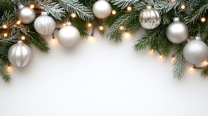 Luxurious holiday border of silver baubles, frosted pine, and warm lights on a grey background