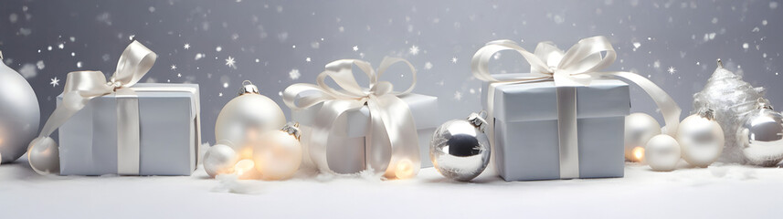 Wall Mural - silver christmas gifts, balls and decorations in a row on a gold abstract background. horizontal com