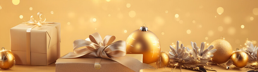 Wall Mural - golden christmas gifts, balls and decorations in a row on a gold abstract background. horizontal com