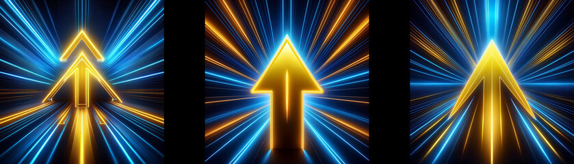 Aufkleber - A gold arrow with blue and orange neon lines radiating from it.