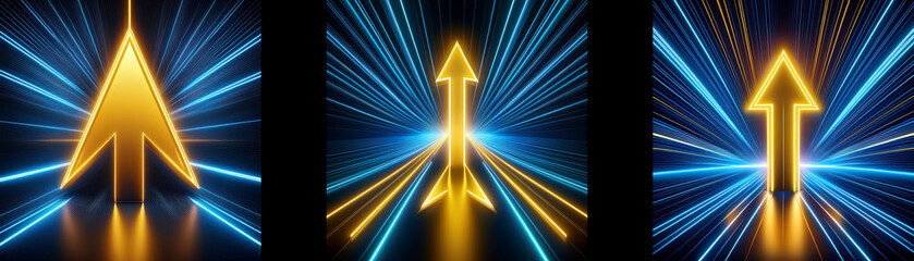 Aufkleber - Three golden arrows point upward surrounded by blue and yellow glowing lines against a black background.