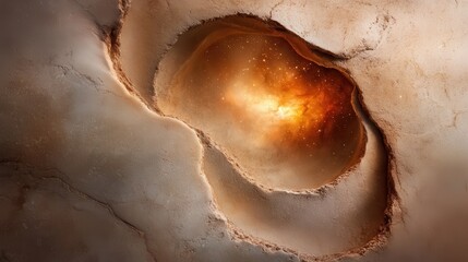 Wall Mural - An eerie cosmic gateway emerges from a sandy rock, revealing a glowing nebula at its center, representing mystery, vastness, and the unknown universe.