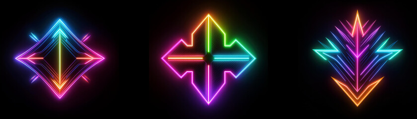 Aufkleber - Three abstract geometric shapes outlined in neon colors with a black background.