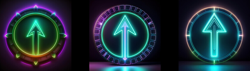 Leinwandbilder - Three circular neon signs with a glowing upward arrow in the center on a black background.