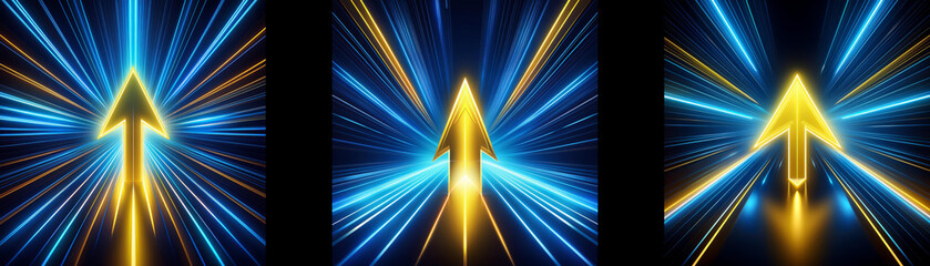 Aufkleber - A golden arrow with glowing neon light streaks points upwards through a dark blue background.