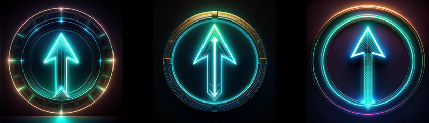 Wall Mural - three neon glowing arrows pointing upward are enclosed in circular frames.