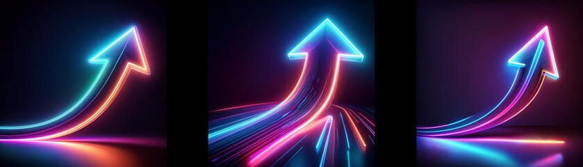 Poster - Three glowing neon arrows point upwards in a dark background.