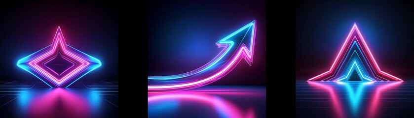 Aufkleber - Three neon lights in the shape of a diamond, an arrow pointing upward, and a triangle, against a dark background.