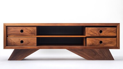 A wooden cabinet with four drawers and a shelf.  It has angled legs and black circular knobs.  The grain of the wood is visible.