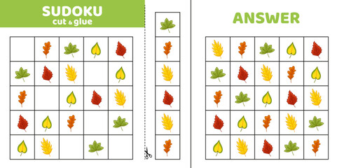 Wall Mural - Fall sudoku with five fallen leaves. Game puzzle for kids. Cut and glue. Cartoon, isolated, vector, eps 10