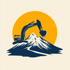 Silhouette of an excavator digging into a mountain with a sunset in the background.