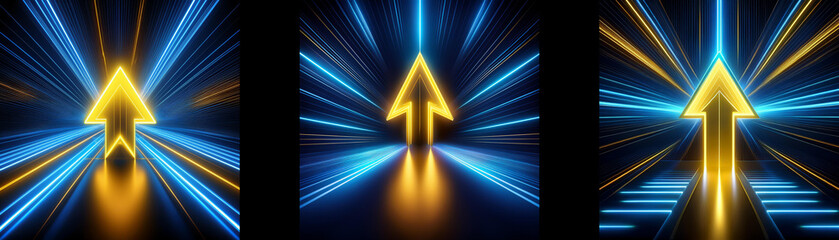 Poster - A glowing golden arrow points upward in a dark tunnel with bright blue neon lights.