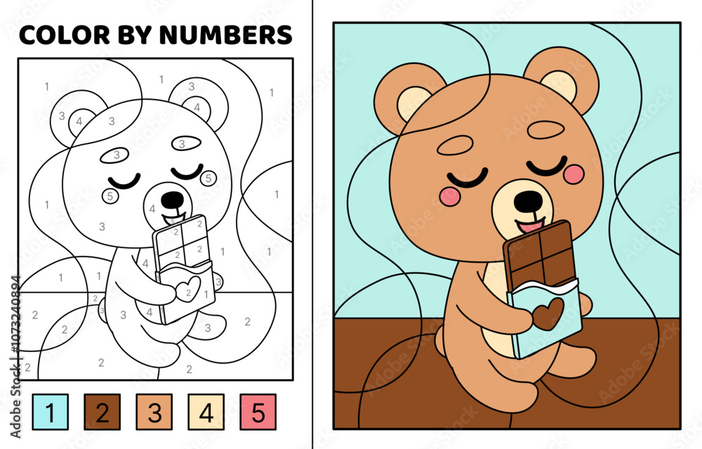 Color by number. Little bear and chocolate. Coloring page. Game for ...