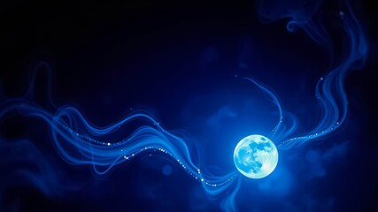 Wall Mural - Abstract Cosmic Symphony of Glowing Blue Lines and a Luminous Moon in a Dark Night Sky