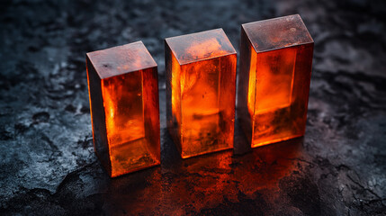 Fototapete - photograph of three rectangular orange glass bars on dark surface, showcasing their vibrant color and unique shapes. lighting enhances their transparency and texture