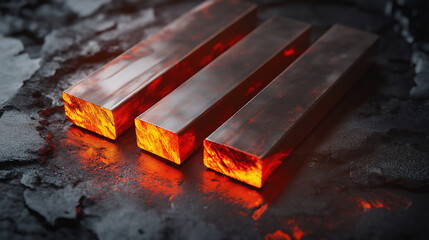 Poster - Three rectangular steel bars glowing with fiery orange hue, resting on dark, textured surface. intense heat and light create dramatic visual effect, showcasing contrast between metal and fire