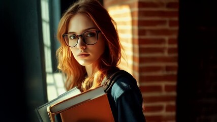 Wall Mural - Young blonde student with glasses, with a book in the library, focused on her education.